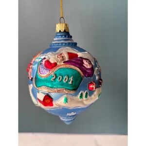 Santa's Best 2001 Dated Glass Christmas Ornament Santa Sleigh Reindeer Blue